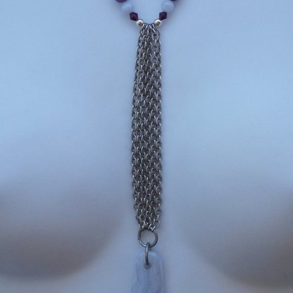 Hand Crafted Jewelry - Handmade Statement Necklace With Lilac Agate Silver Tone Chains Purple Beads
